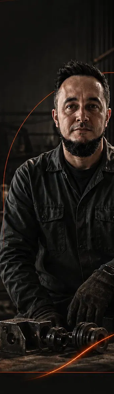 Retrato de João Návia em ambiente industrial